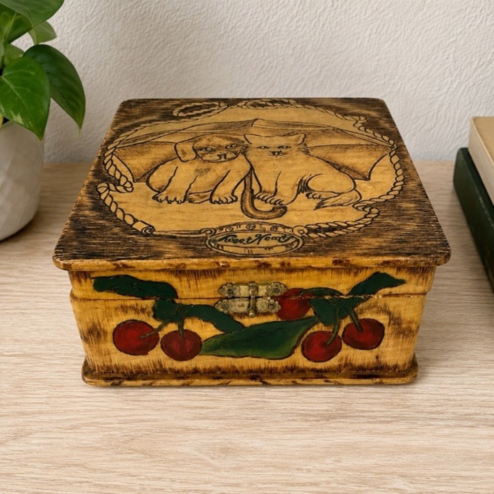 Vintage Pyrography Wood Trinket Box Hand Painted Cherries Puppy Kitten